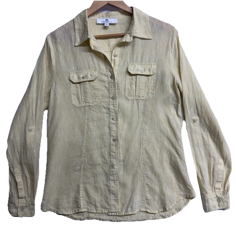 Jean Pierre Klifa 100% Linen Blouse Women Small Yellow Roll Tab Safari‎ Utility